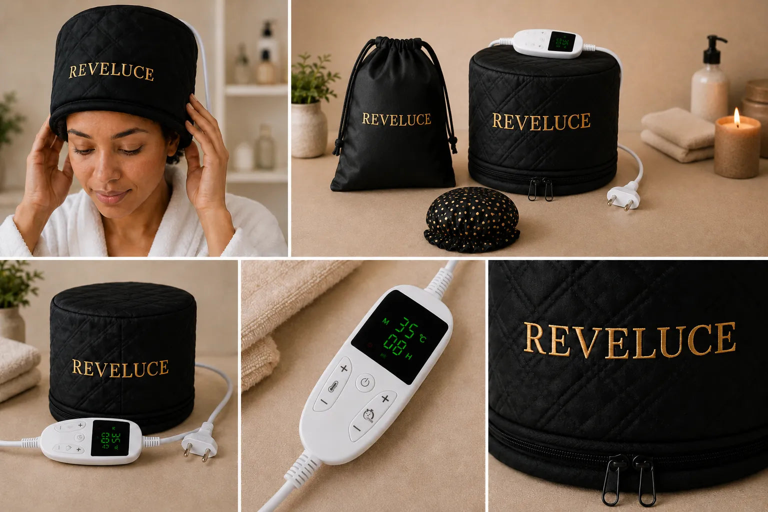 Casque chauffant REVELUCE pour hydrater les cheveux secs et abîmés à domicile et améliorer l'efficacité des soins capillaires.