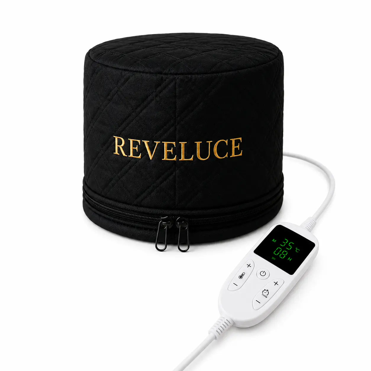 Casque chauffant REVELUCE présenté avec la télécommande.