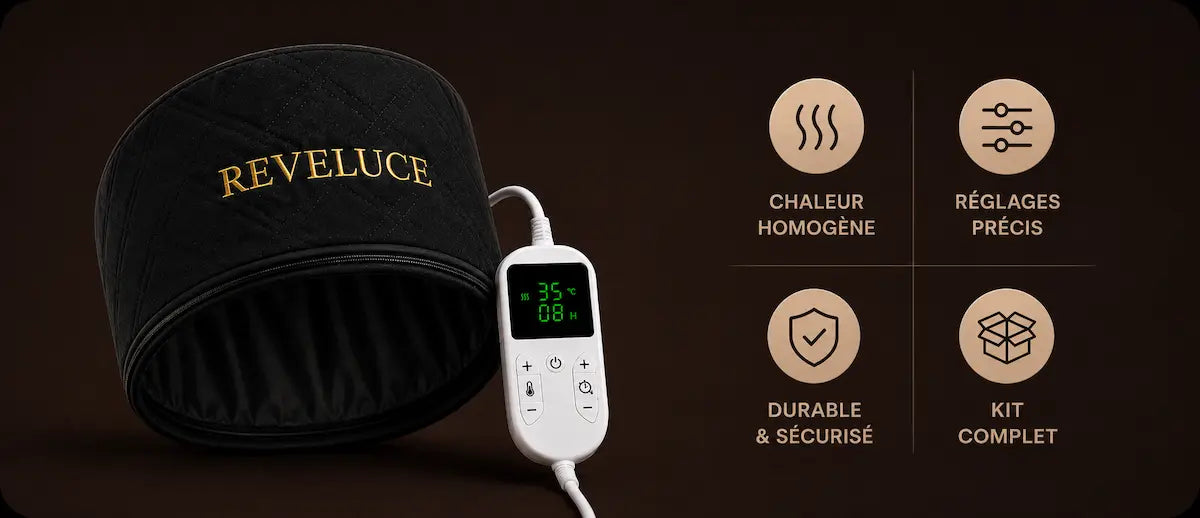 Chaleur homogène du casque chauffant REVELUCE favorisant une meilleure absorption des soins capillaires.