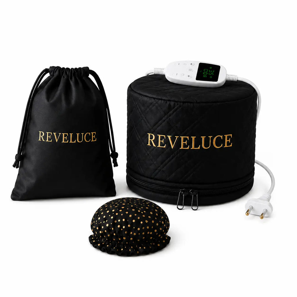 Kit complet REVELUCE comprenant le casque chauffant Reveluce, la charlotte de protection, la télécommande et le sac de rangement.