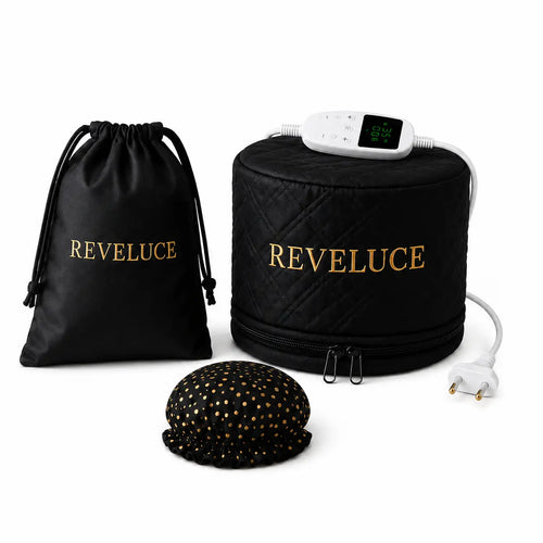 Kit complet REVELUCE comprenant le casque chauffant Reveluce, la charlotte de protection, la télécommande et le sac de rangement.