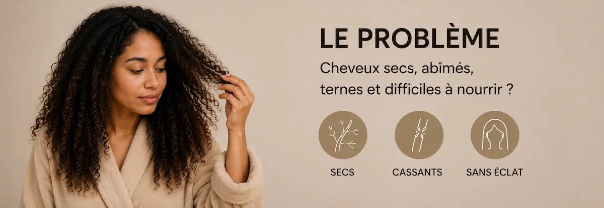 Femme au cheveux bouclés secs, cassants, et abîmés avant un soin capillaire profond avec casque chauffant.
A côté, le titre "LE PROBLEME" avec le texte "Cheveux secs, abîmés, ternes et difficiles à nourrir ?" puis 3 icones pour imager les termes "secs"; "cassants"; "sans éclats".