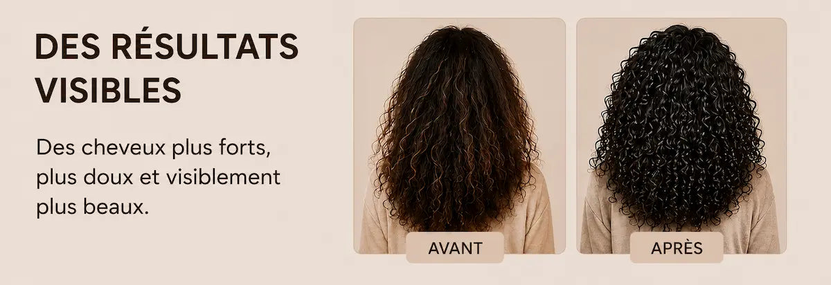 Comparaison avant/après de cheveux plus brillants et plus hydratés après un soin réalisé avec le casque chauffant REVELUCE.
A coté, le titre "DES RESULTATS VISIBLES" et le texte "Des cheveux plus forts, plus doux et visiblement plus beaux".