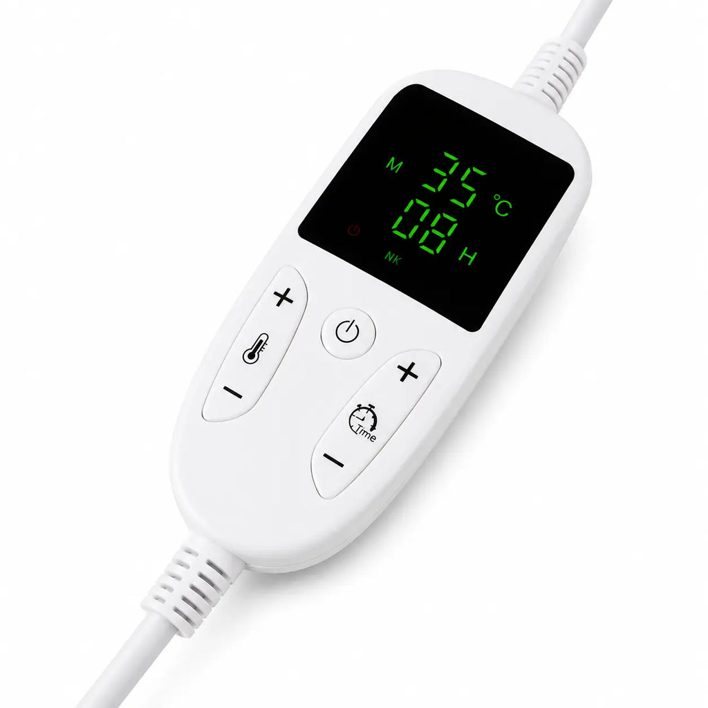 Télécommande du casque chauffant REVELUCE avec température et minuterie réglables.