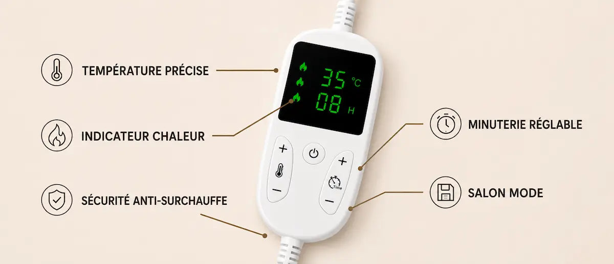 Réglage précis de la température et de la minuterie du casque chauffant REVELUCE.